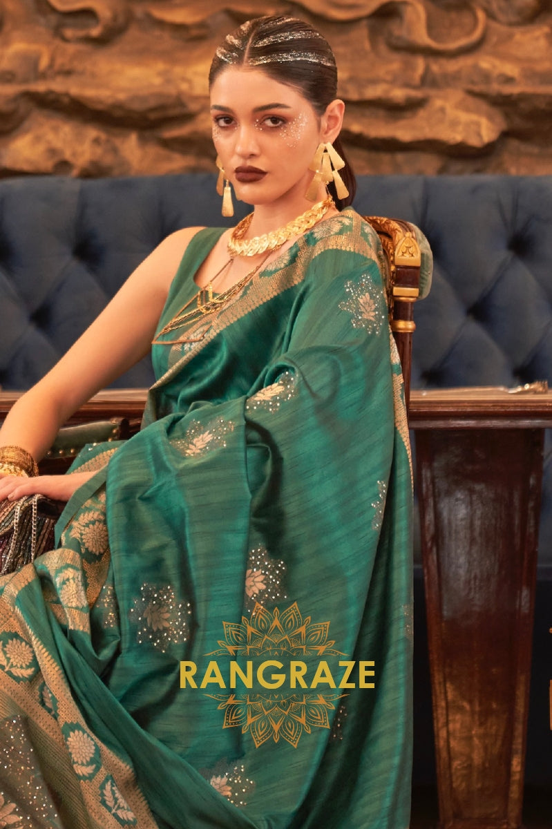 Green Tusser Silk Saree With Rich Sequin Work