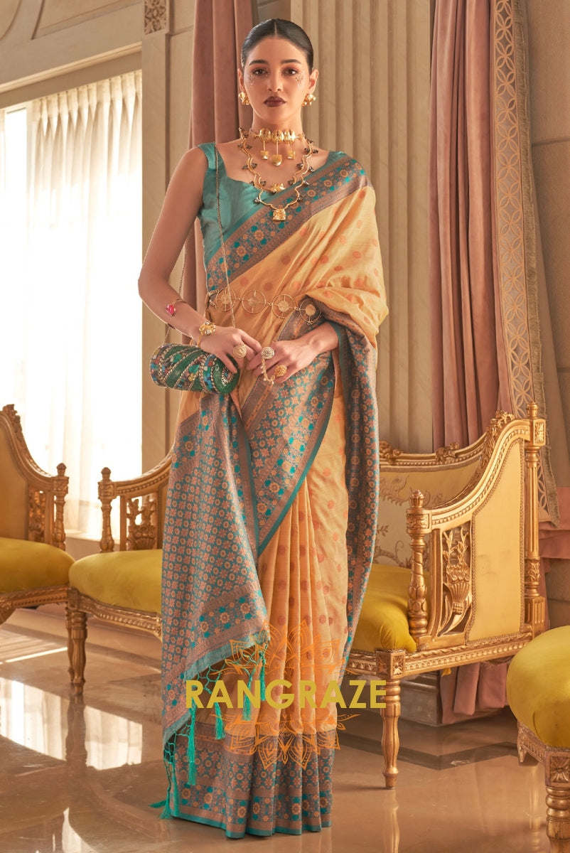 Yellow Dual Tone Bronze Zari Woven Soft Silk Saree