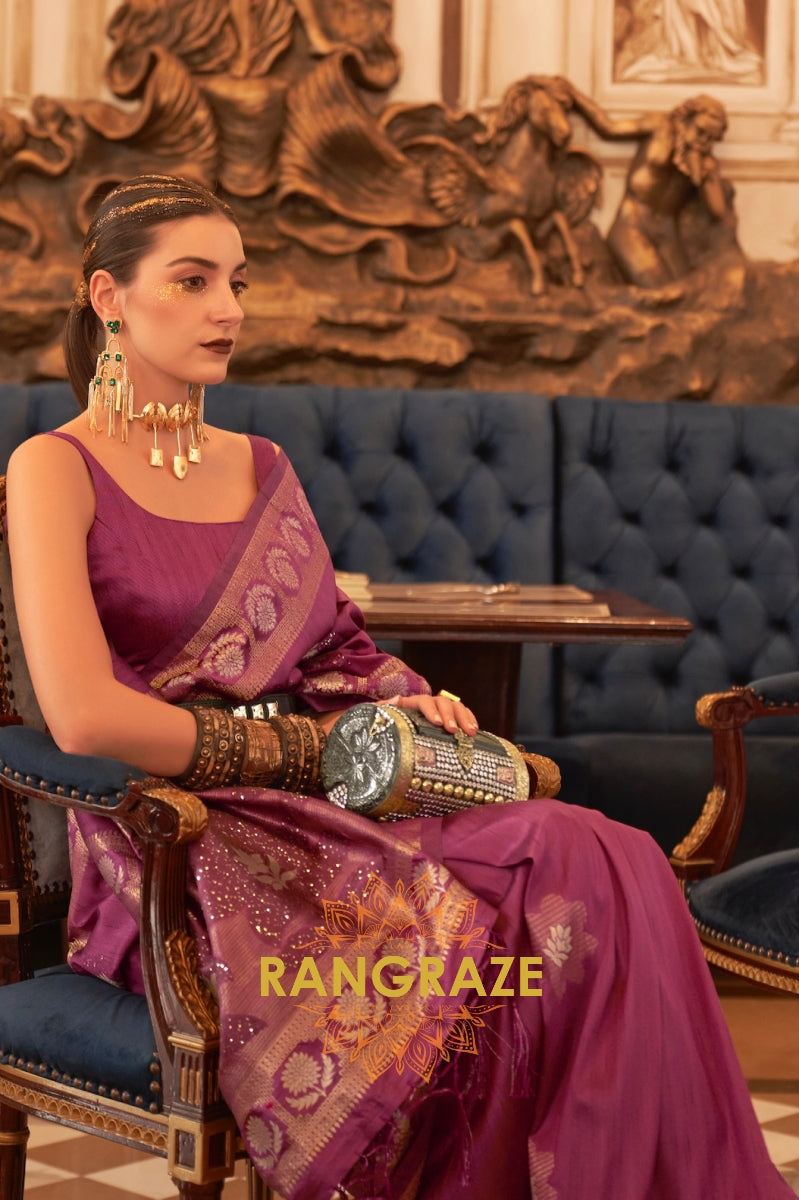 Maroon Tusser Silk Saree With Rich Sequin Work
