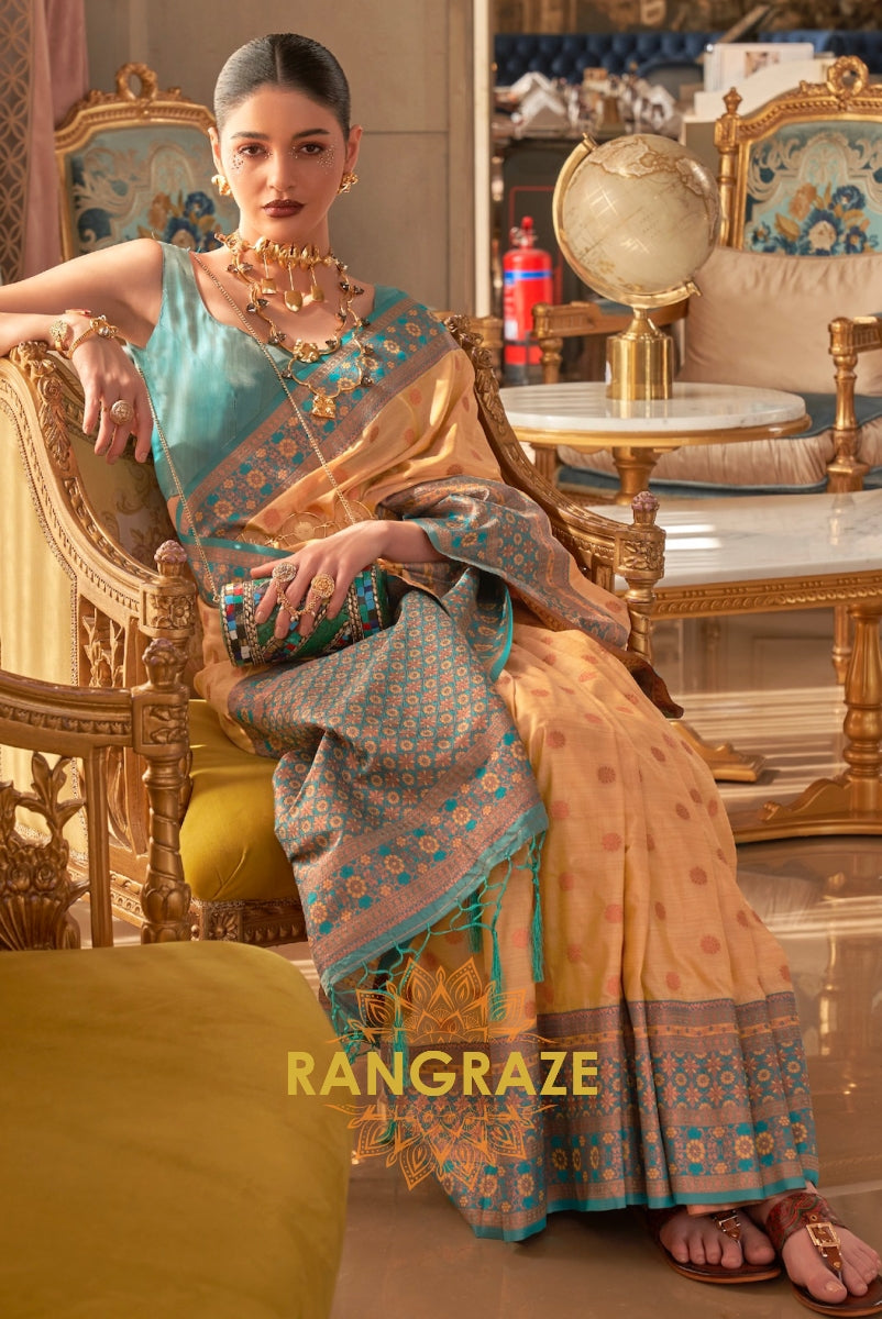 Yellow Dual Tone Bronze Zari Woven Soft Silk Saree