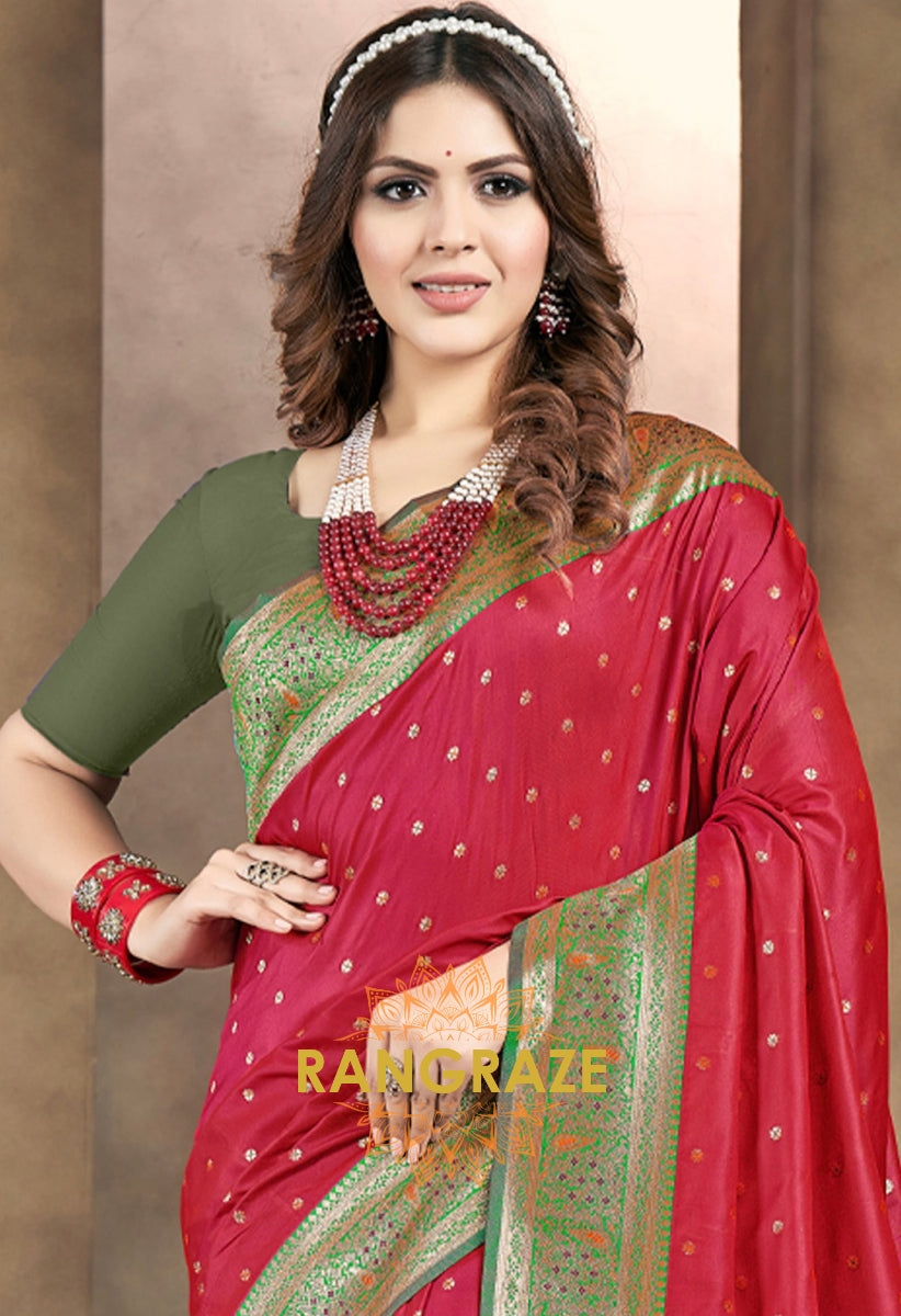 Majestic Pink Banarasi Woven Silk Saree With Contrast Blouse