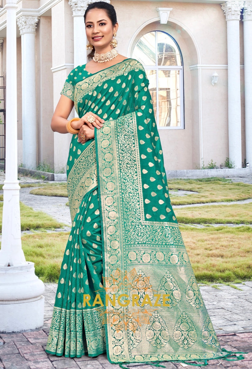 Divine Turquoise Banarasi Silk Saree With Matching Blouse