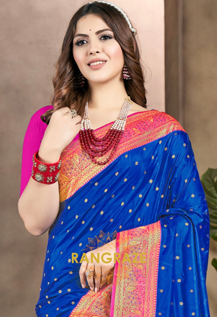 Cobalt Blue Banarasi Woven Silk Saree With Contrast Blouse