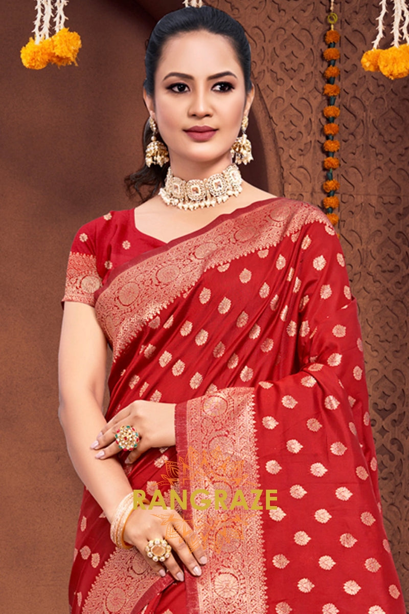 Eternal Red Banarasi Silk Saree With Matching Blouse