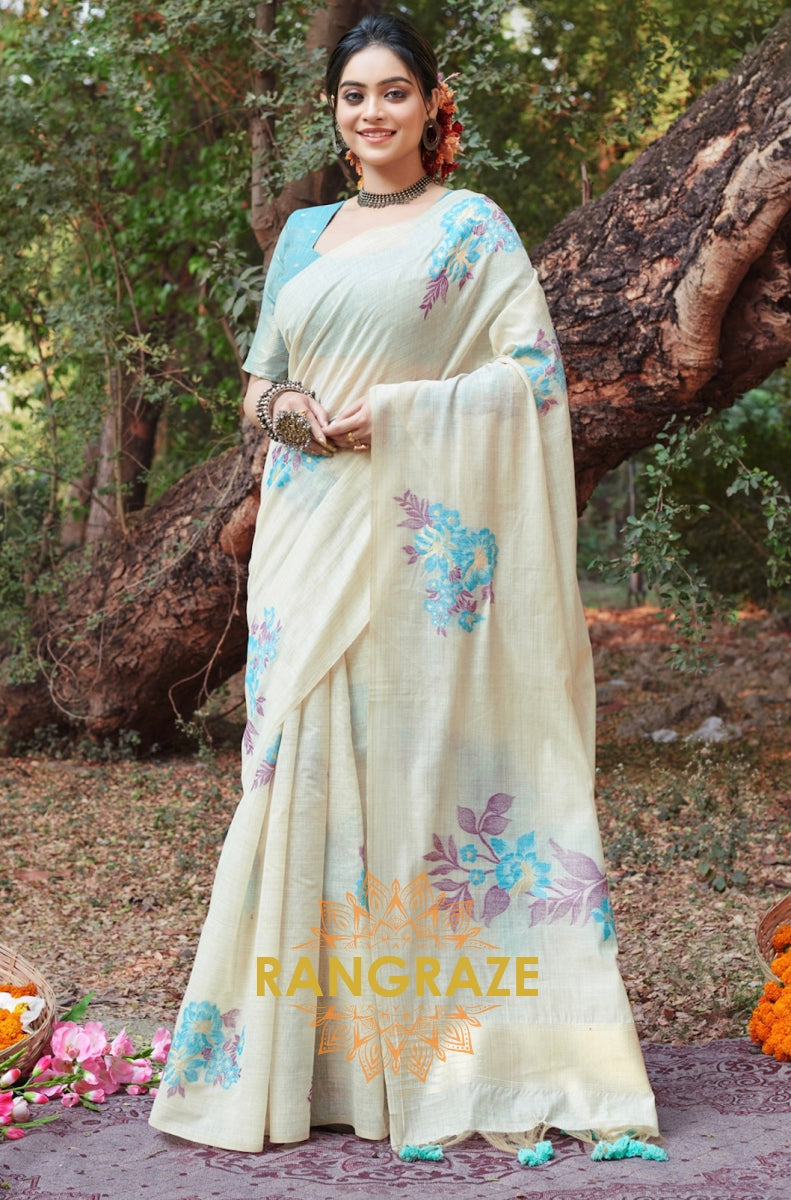 Sky Blue Beige Linen Saree With Contrast Blouse