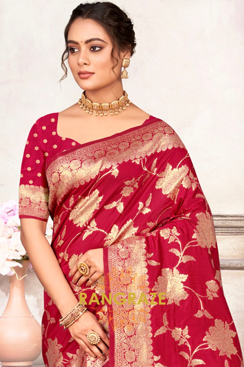 Magenta Pink Banarasi Silk Saree With Golden Zari Work