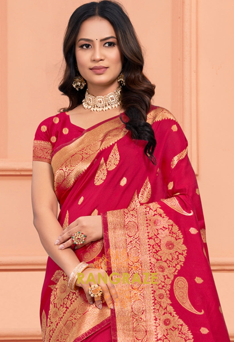 Magenta Pink Banarasi Silk Saree With Matching Blouse