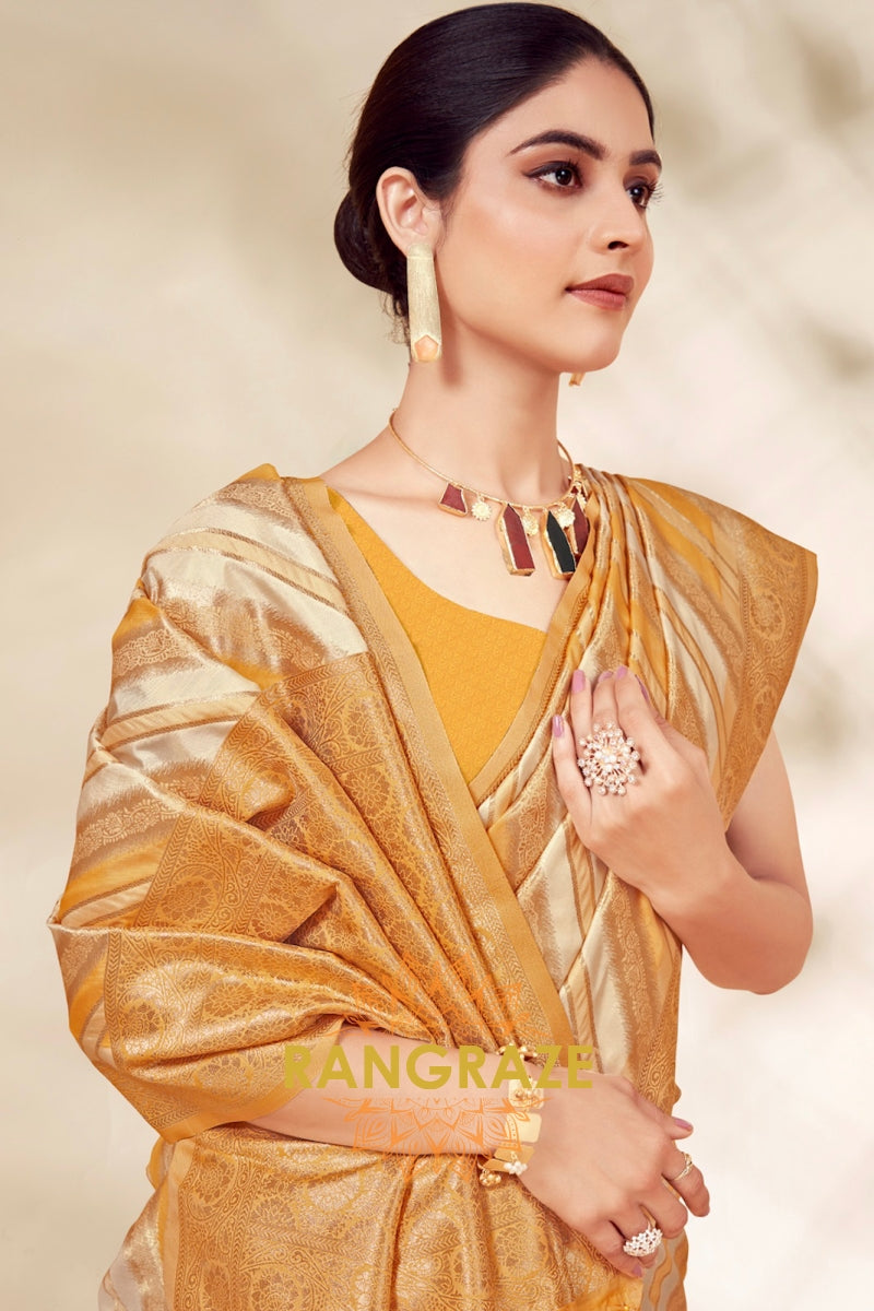 Golden Yellow Cotton Thread Work Saree With Matching Blouse