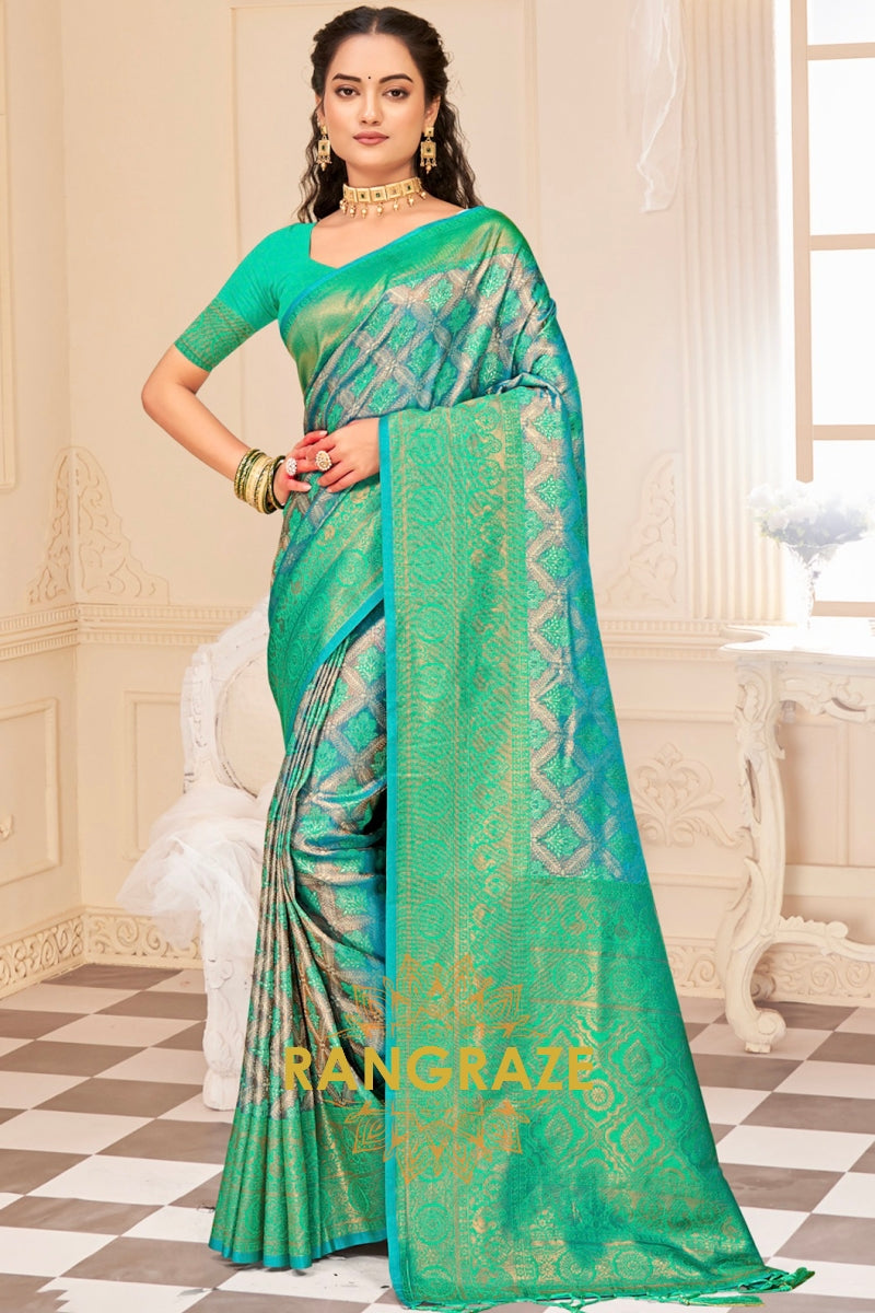 Azure Blue Kanjivaram Silk Saree With Heavy Work