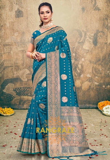 Antique Azure Blue Banarasi Silk Saree With Matching Blouse