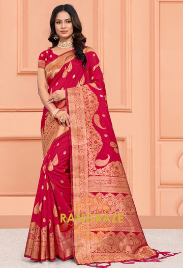 Magenta Pink Banarasi Silk Saree With Matching Blouse