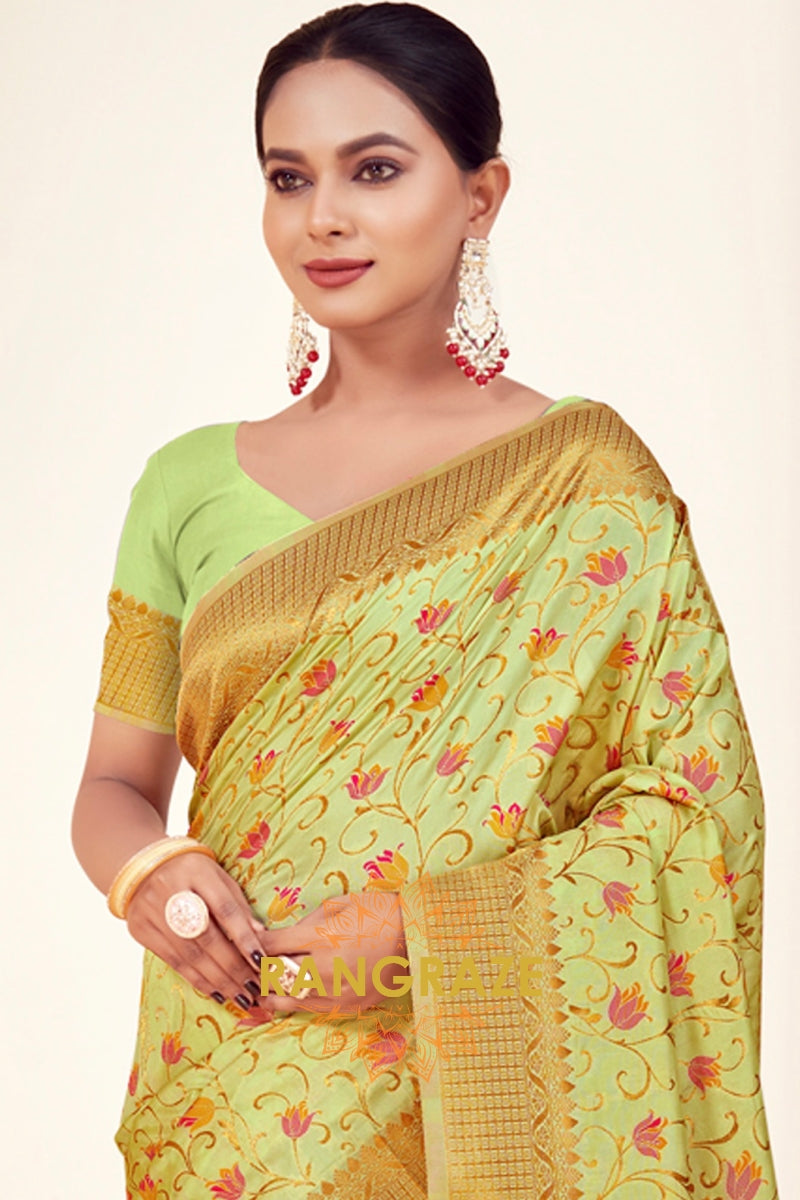 Artisan Parrot Green Woven Work Banarasi Silk Saree