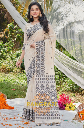 Black White Intricate Work Pure Linen Saree