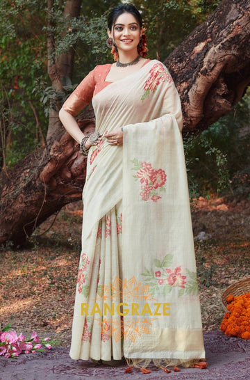 Peach Beige Linen Saree With Contrast Blouse