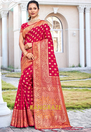 Divine Pink Magenta Banarasi Silk Saree With Matching Blouse