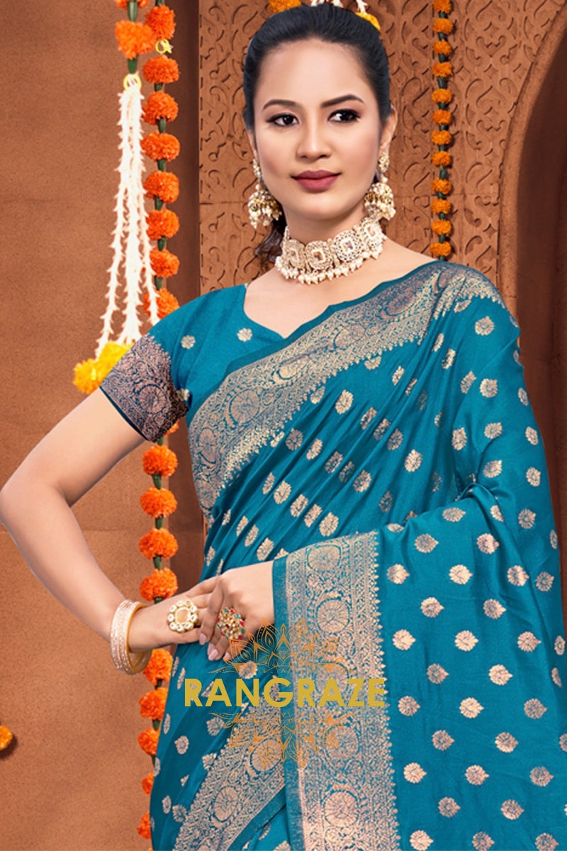 Eternal Blue Banarasi Silk Saree With Matching Blouse