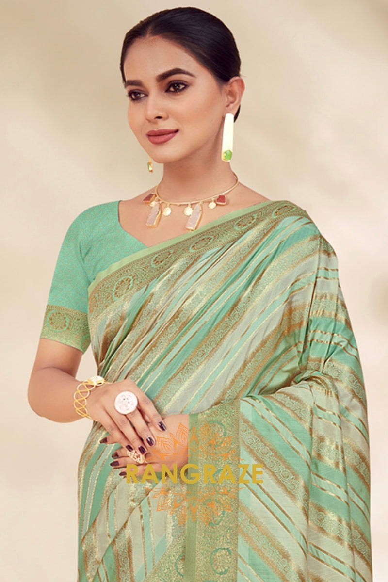 Turquoise Sea Green Cotton Thread Work Saree With Matching Blouse