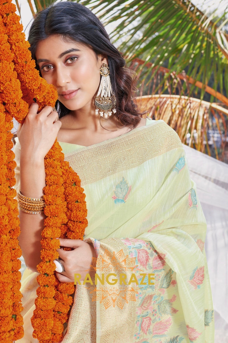 Light Green Floral Work Pure Linen Saree