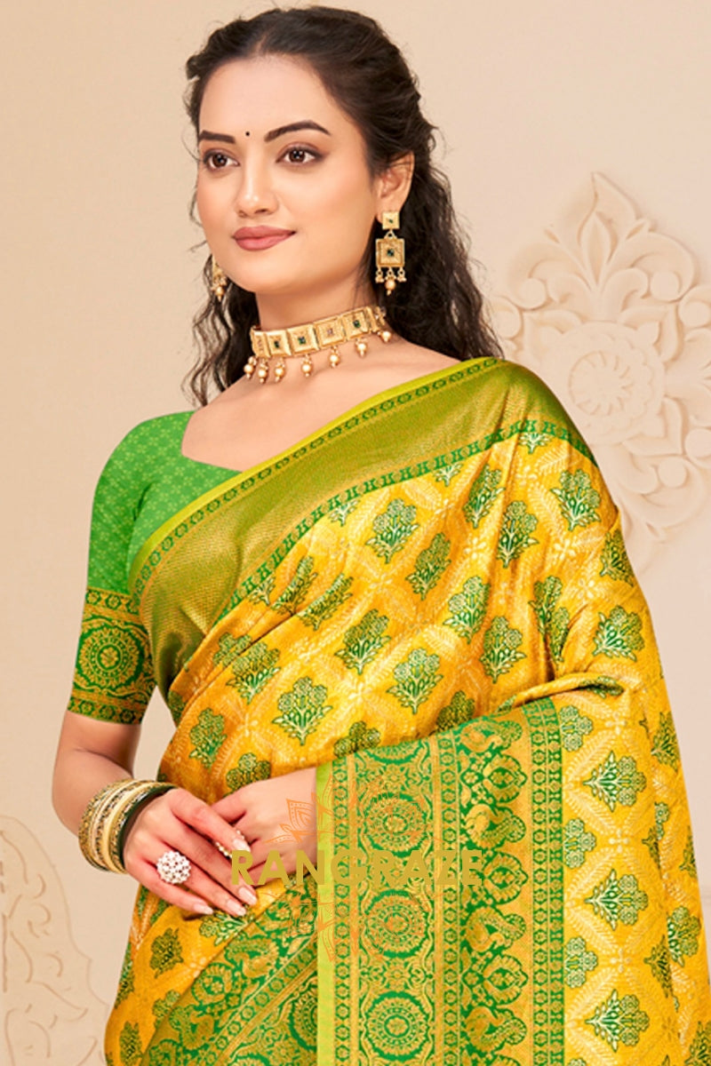 Mustard Yellow Kanjivaram Silk Saree With Heavy Work