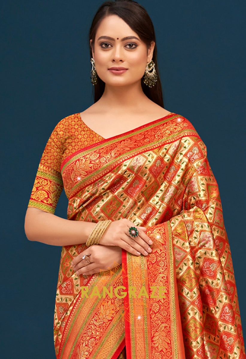 Golden Orange Banarasi Silk Saree With Heavy Work