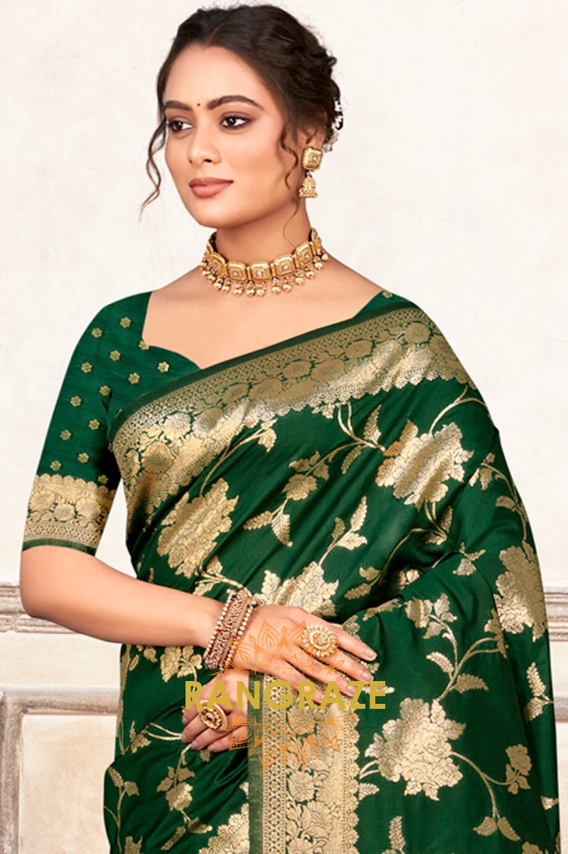 Deep Green Banarasi Silk Saree With Golden Zari Work