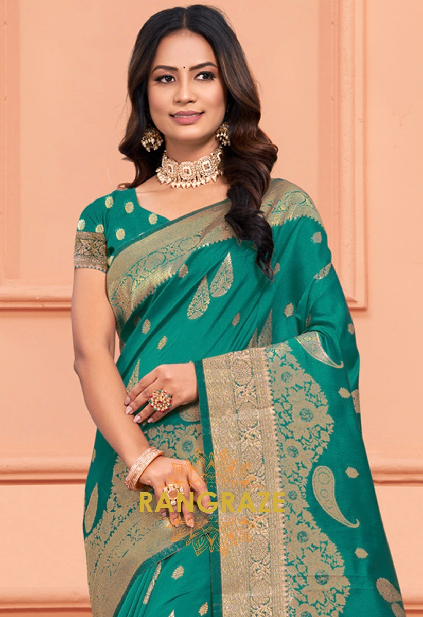 Turquoise Green Banarasi Silk Saree With Matching Blouse