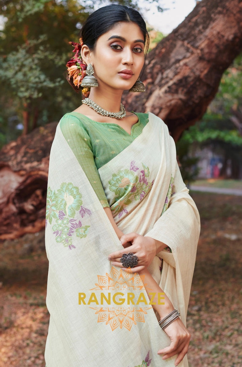 Green Beige Linen Saree With Contrast Blouse