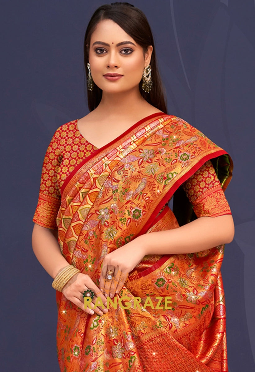 Maroon Orange Banarasi Silk Saree With Heavy Work