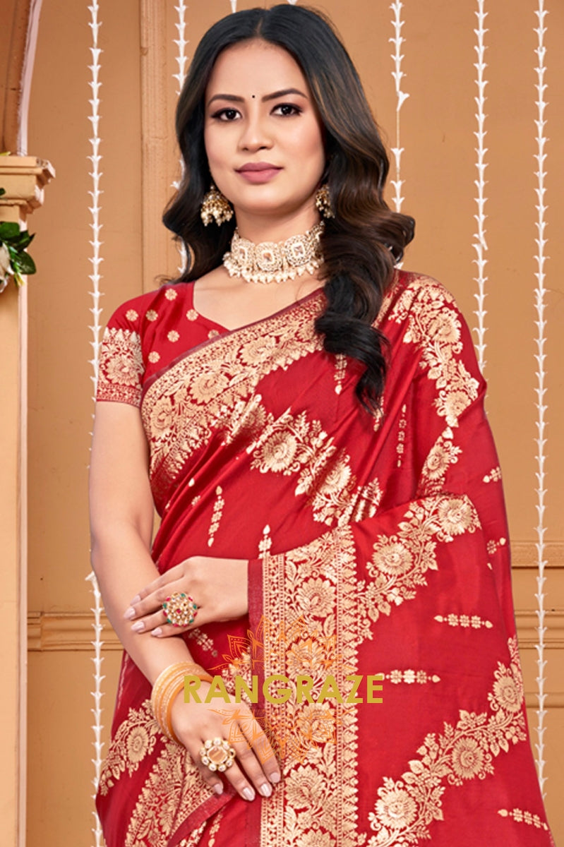 Grace Red Banarasi Silk Saree With Matching Blouse