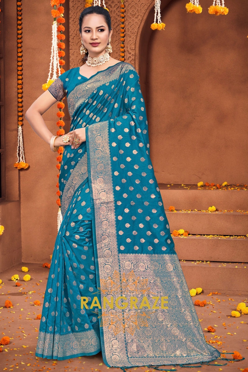 Eternal Blue Banarasi Silk Saree With Matching Blouse