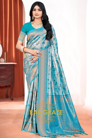 Crown Turquoise Woven Kanjivaram Silk Saree With Heavy Pallu