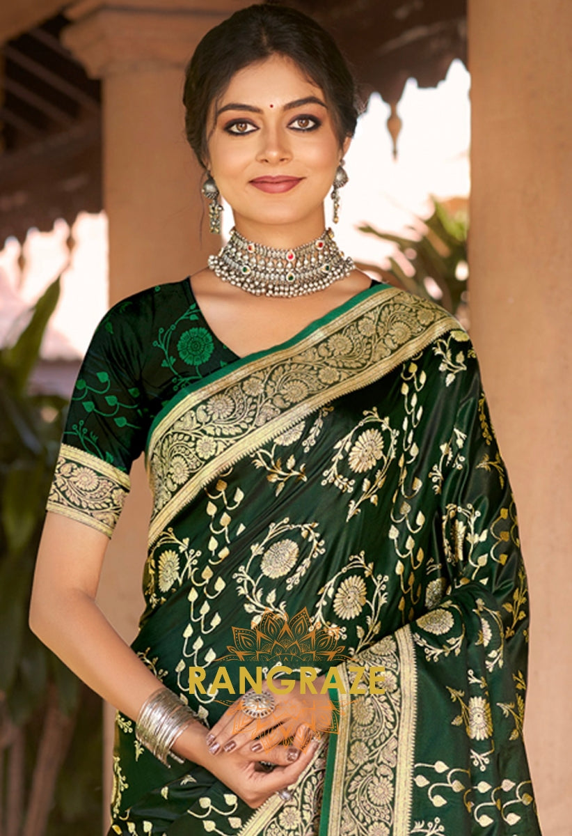 Teal Green Woven Golden Work Banarasi Silk Saree With Blouse Piece