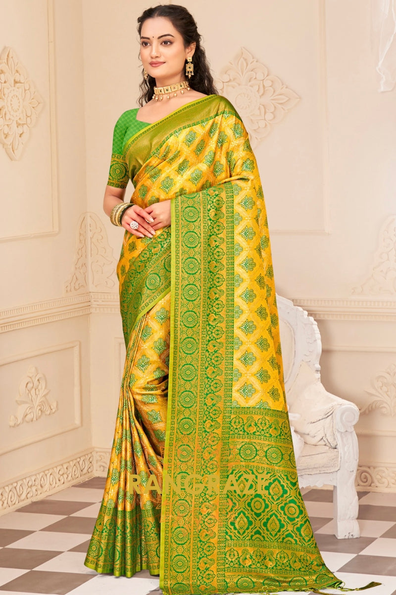 Mustard Yellow Kanjivaram Silk Saree With Heavy Work