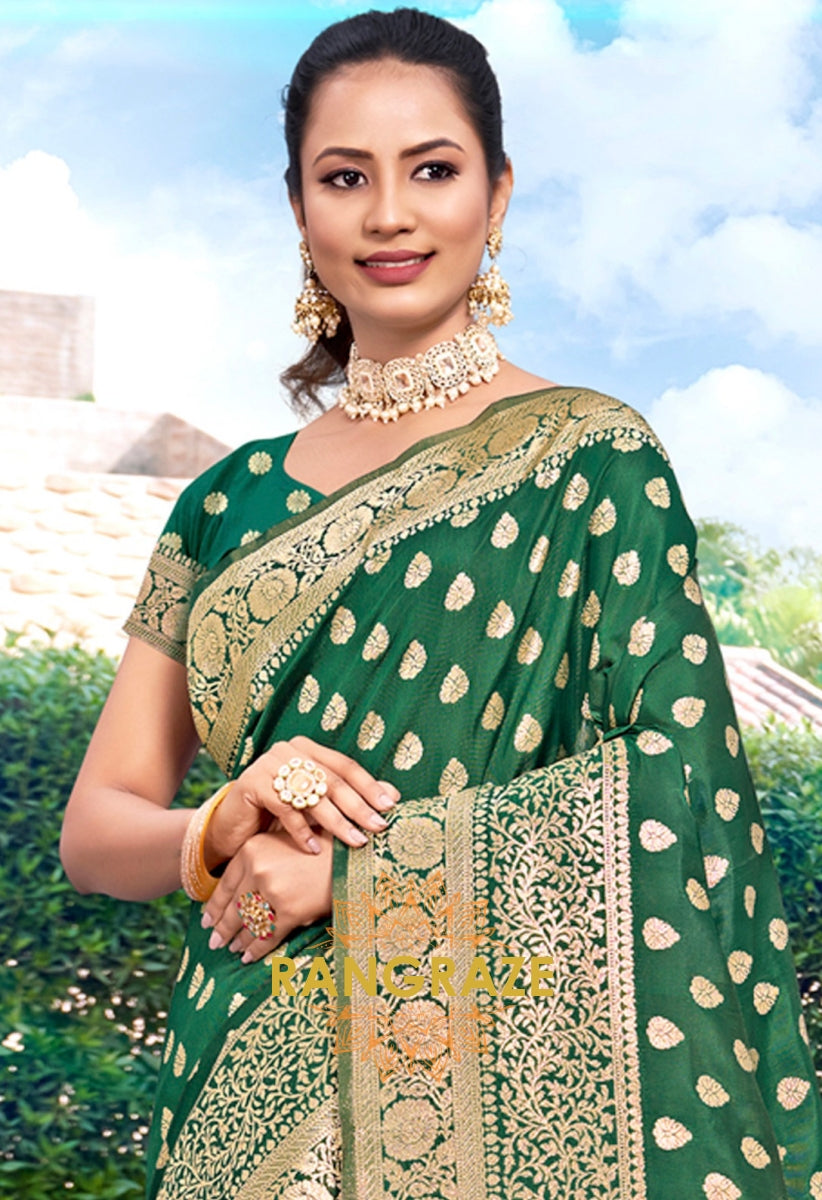 Divine Green Banarasi Silk Saree With Matching Blouse