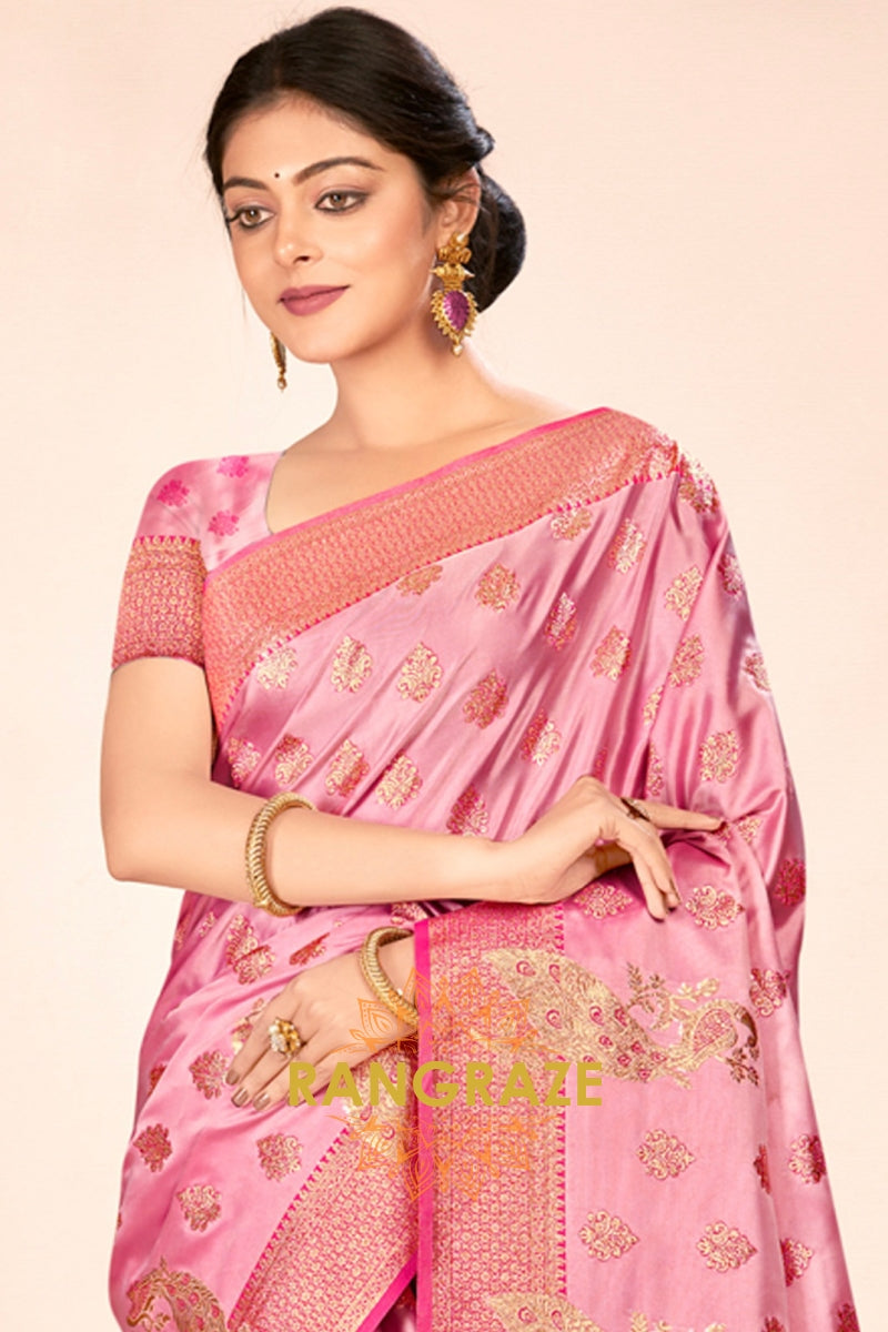 Rose Pink Golden Zari Work Pure Satin Silk Saree