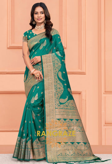 Turquoise Green Banarasi Silk Saree With Matching Blouse