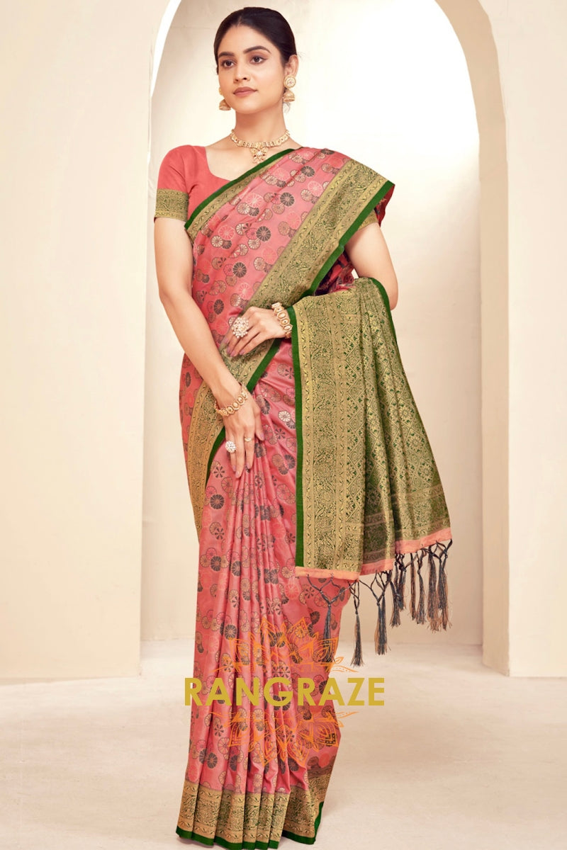 Peach Pink Majestic Weave Banarasi Silk Saree