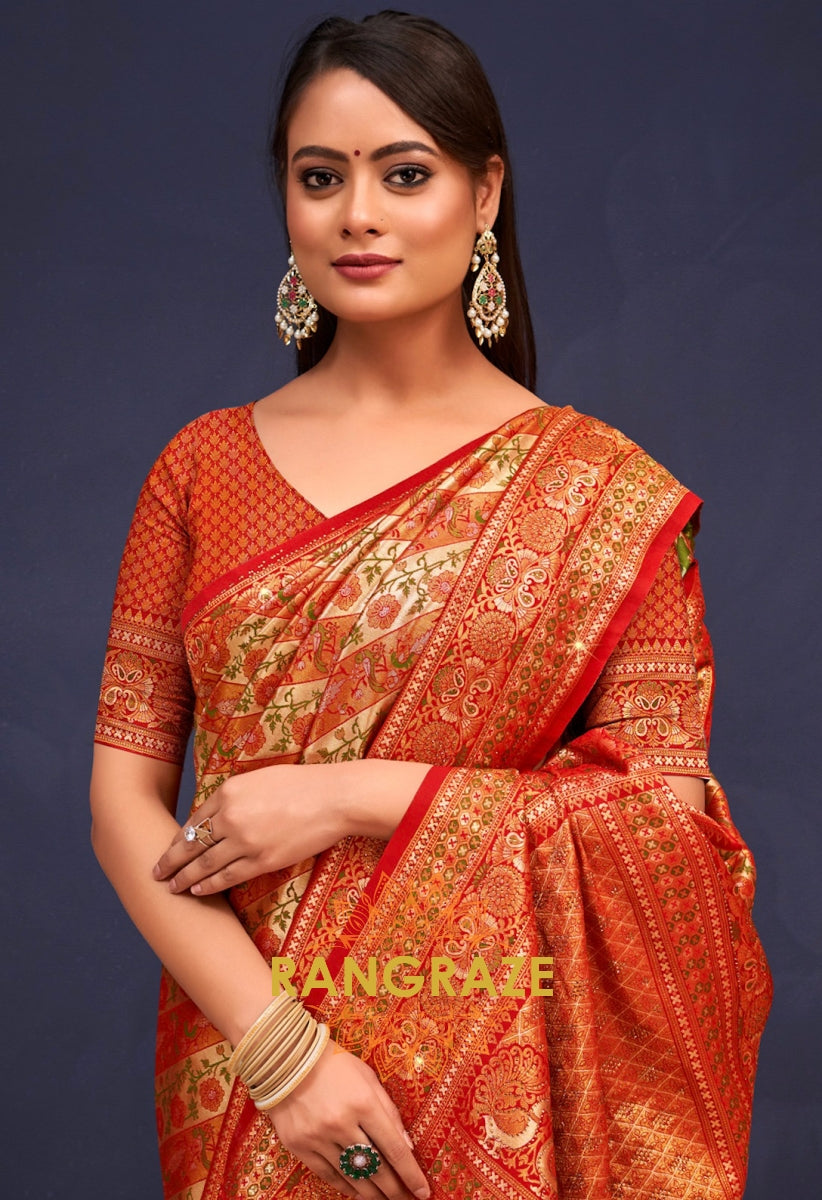 Regal Golden Orange Banarasi Silk Saree With Heavy Work