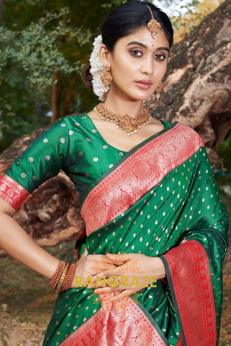 Dark Green Royal Banarasi Silk Woven Saree