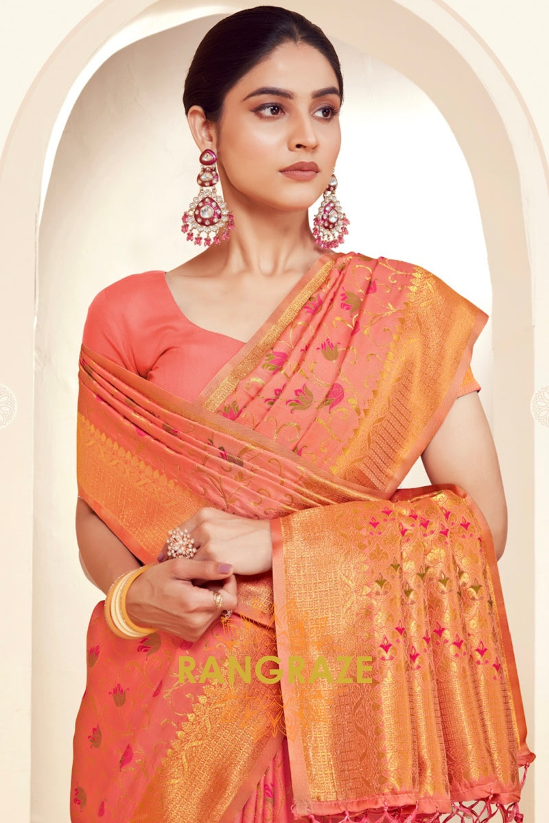 Artisan Peach Pink Woven Work Banarasi Silk Saree