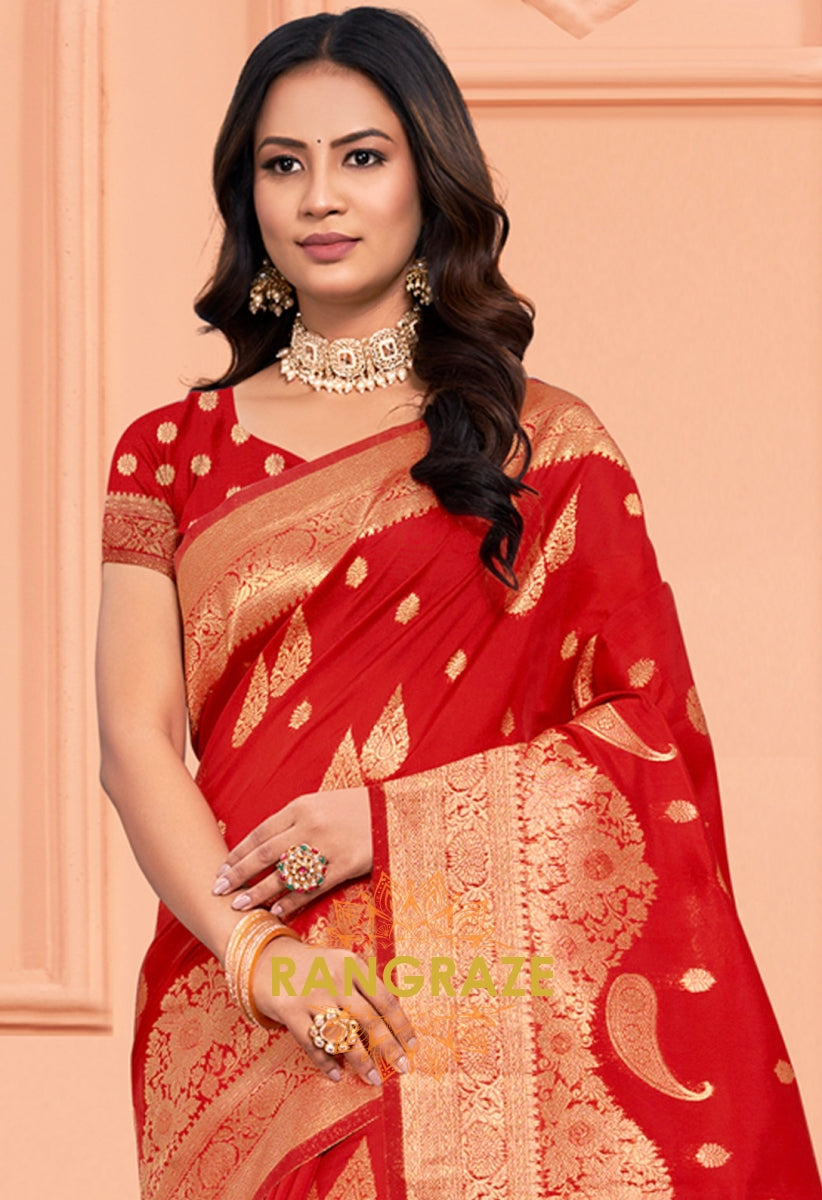 Bridal Red Banarasi Silk Saree With Matching Blouse