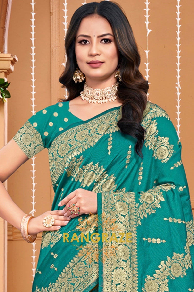 Grace Turquoise Banarasi Silk Saree With Matching Blouse