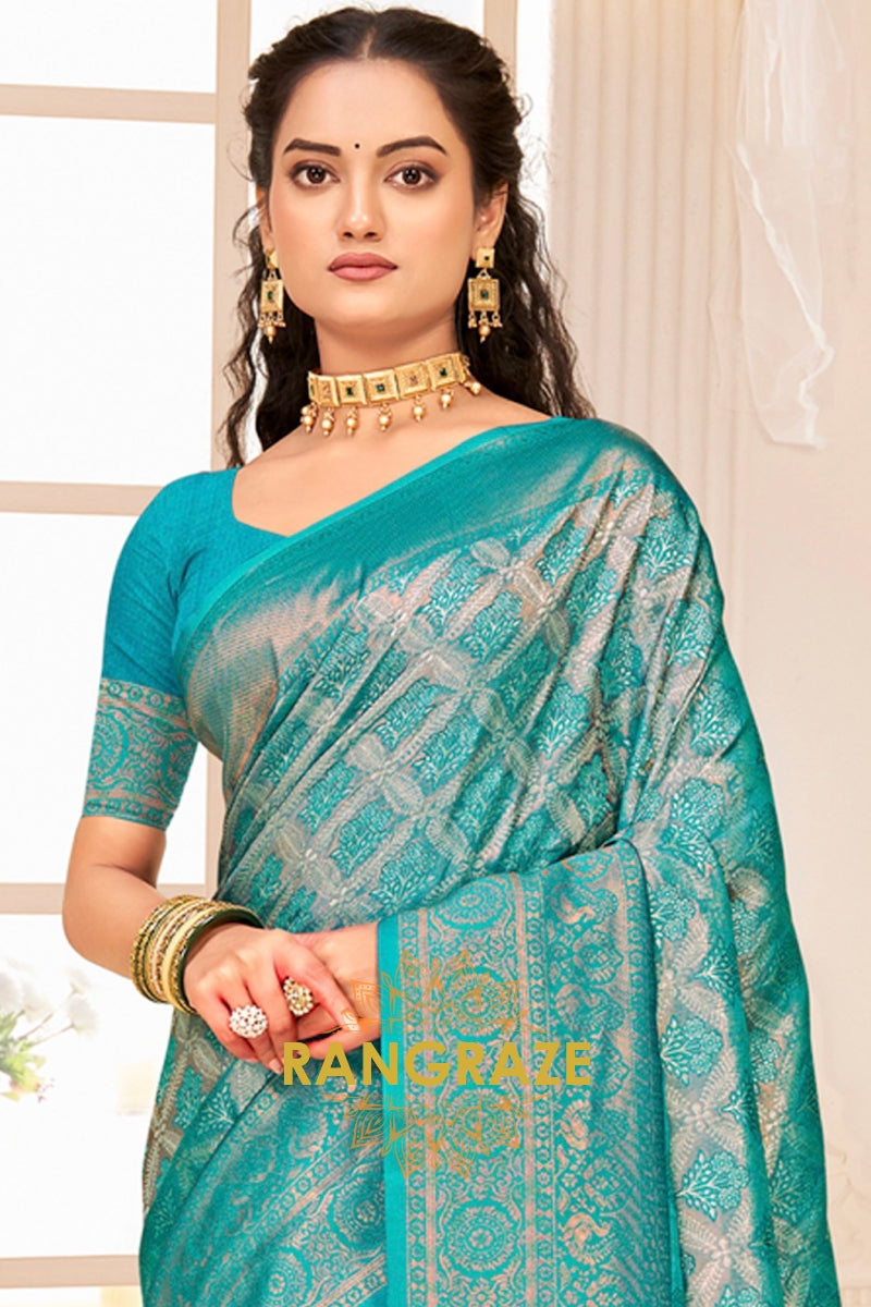 Turquoise Blue Kanjivaram Silk Saree With Heavy Work