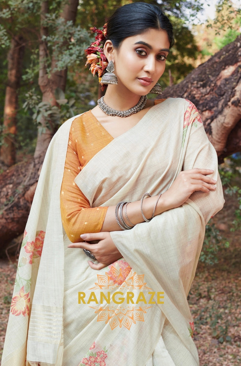 Yellow Beige Linen Saree With Contrast Blouse