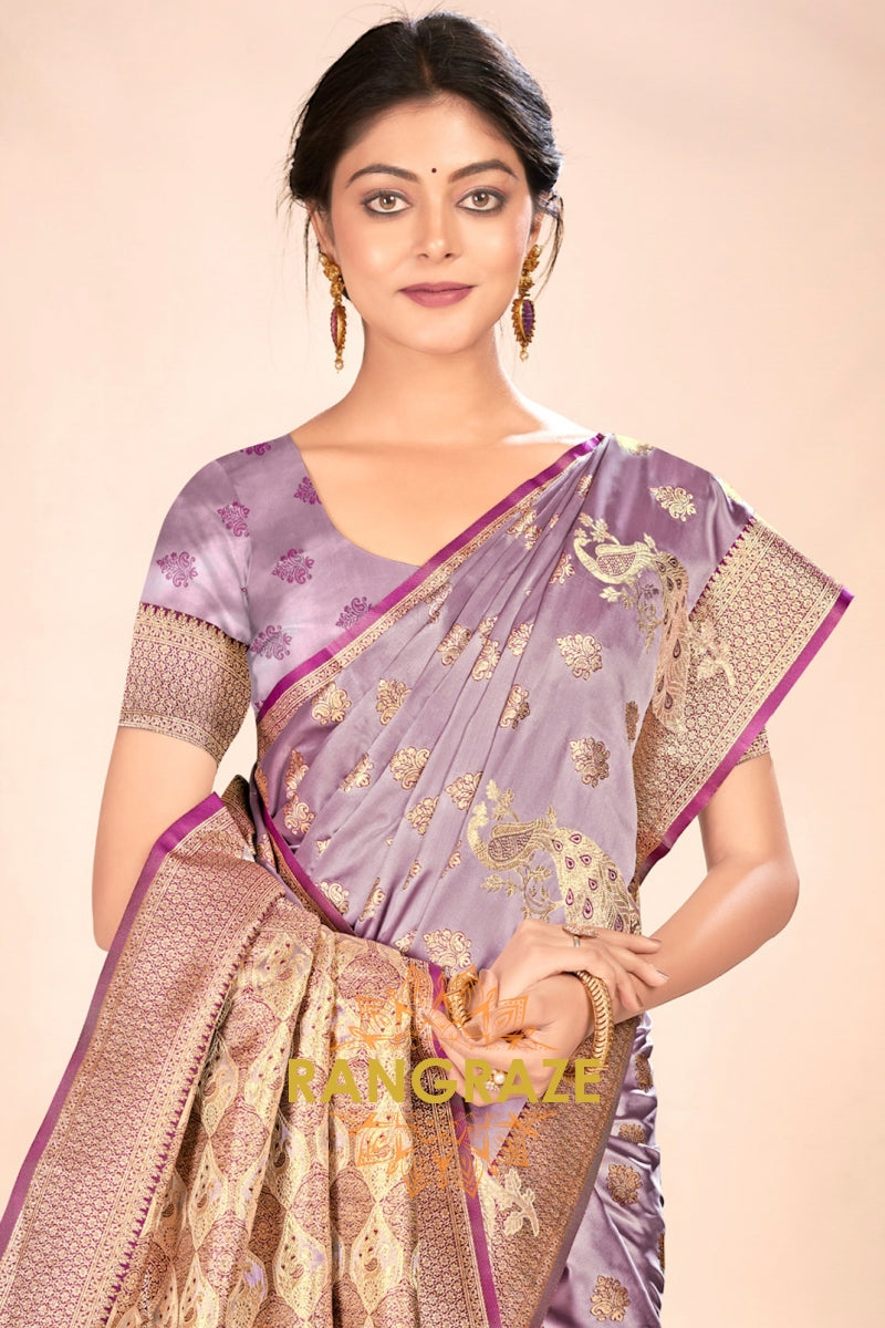 Lilac Purple Golden Zari Work Pure Satin Silk Saree