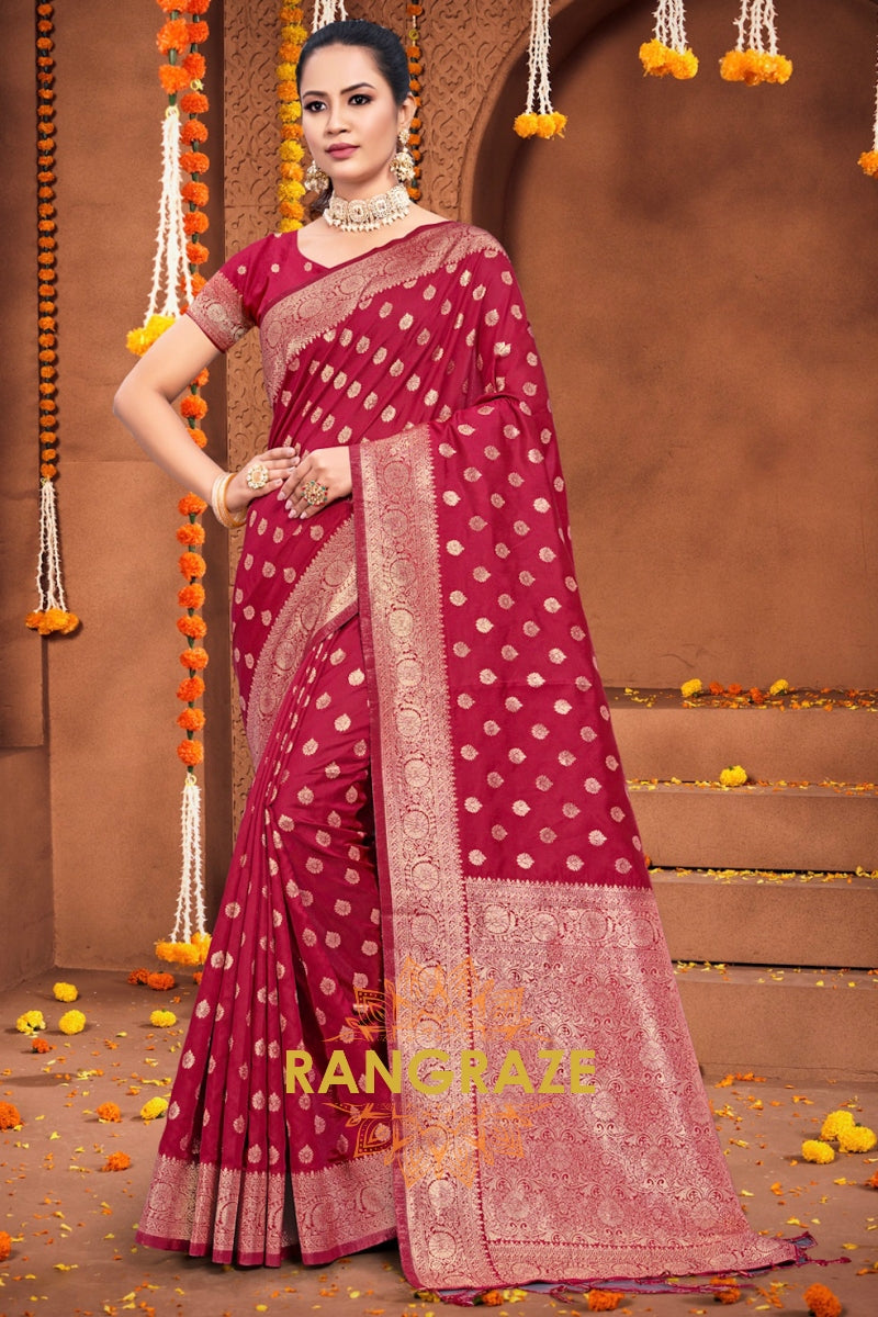 Eternal Magenta Red Banarasi Silk Saree With Matching Blouse