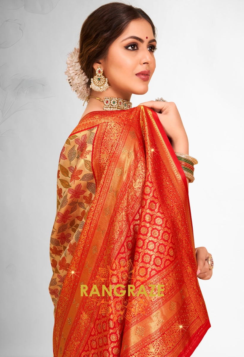 Golden Orange Heavy Woven Work Banarasi Silk Saree