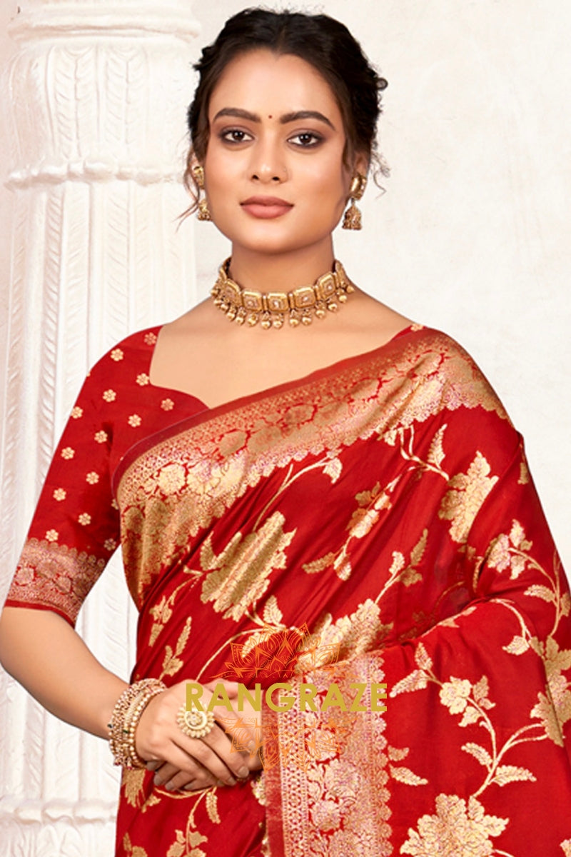 Bridal Red Banarasi Silk Saree With Golden Zari Work