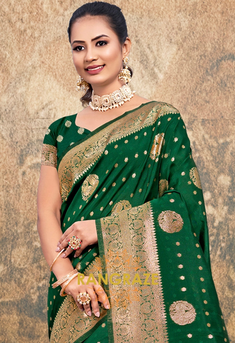 Antique Green Banarasi Silk Saree With Matching Blouse