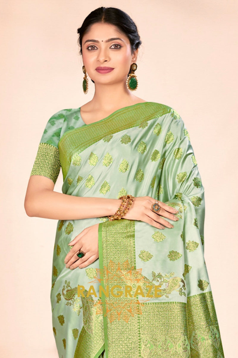 Forest Green Golden Zari Work Pure Satin Silk Saree